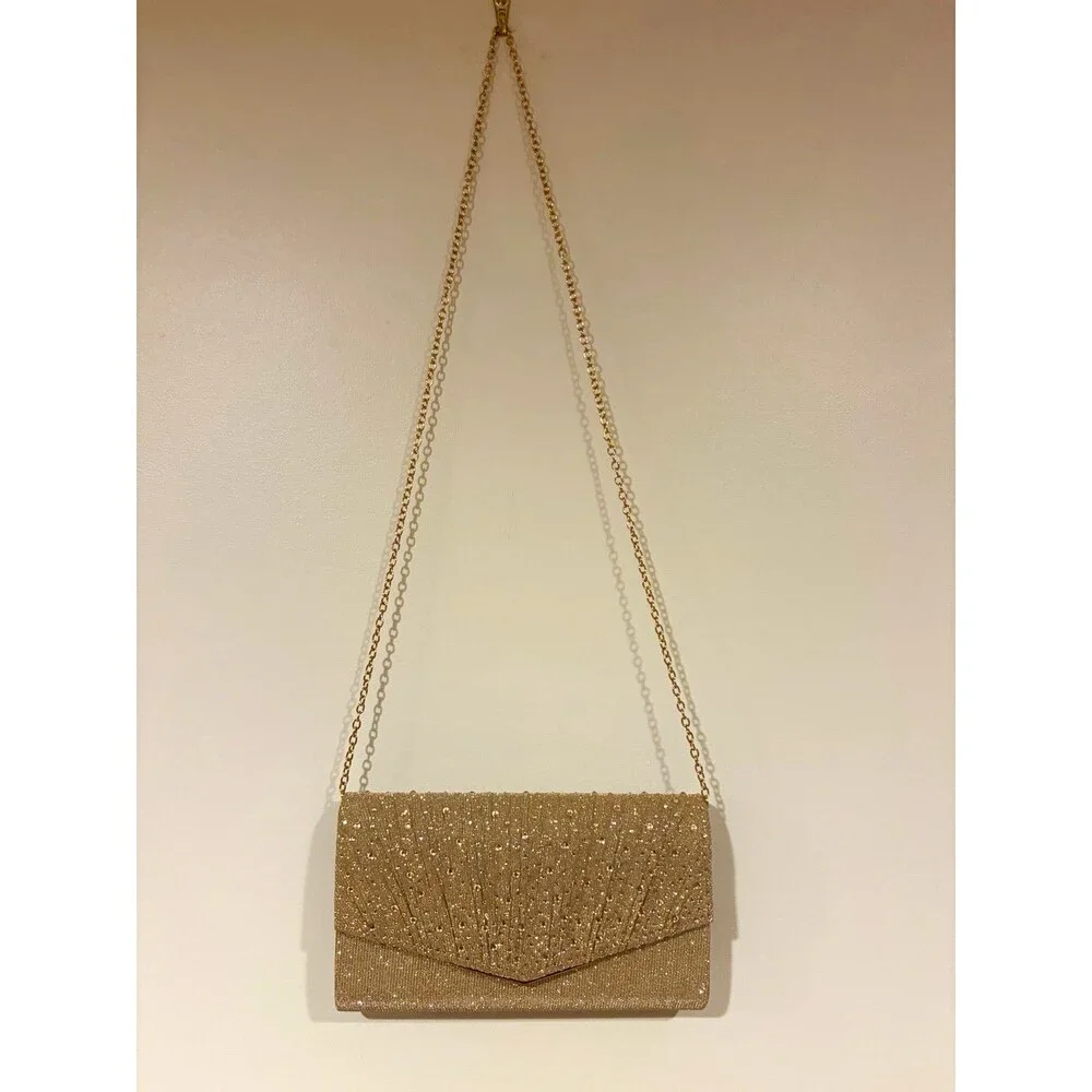 OTD Land Gold Beaded Glitter Clutch, Snap, Detach Chain Crossbody Strap